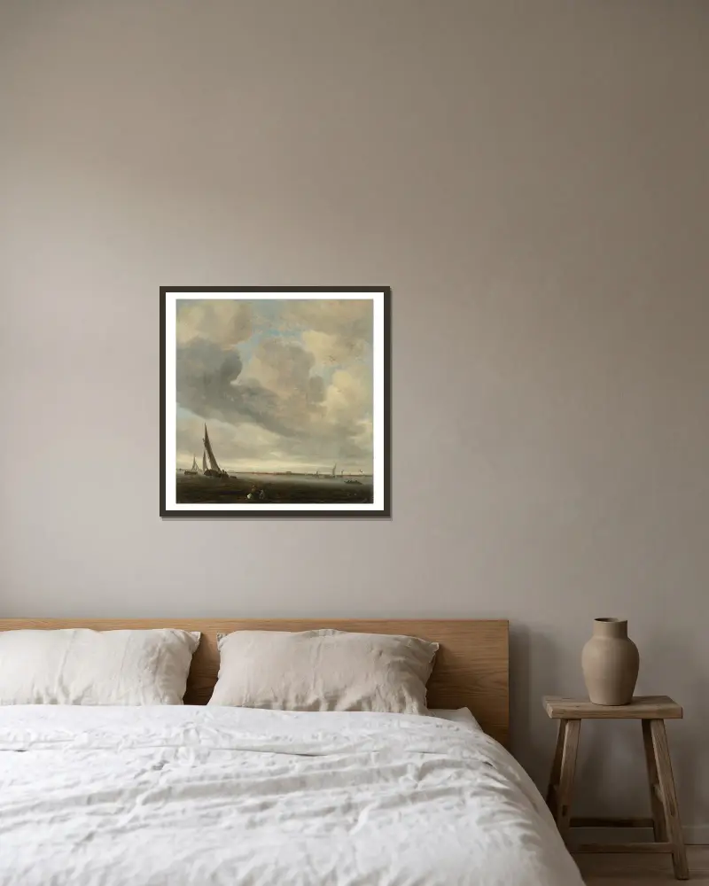 Eine Flussmündung mit Haarlem in der Ferne von Salomon van Ruysdael gerahmt an einer Wand