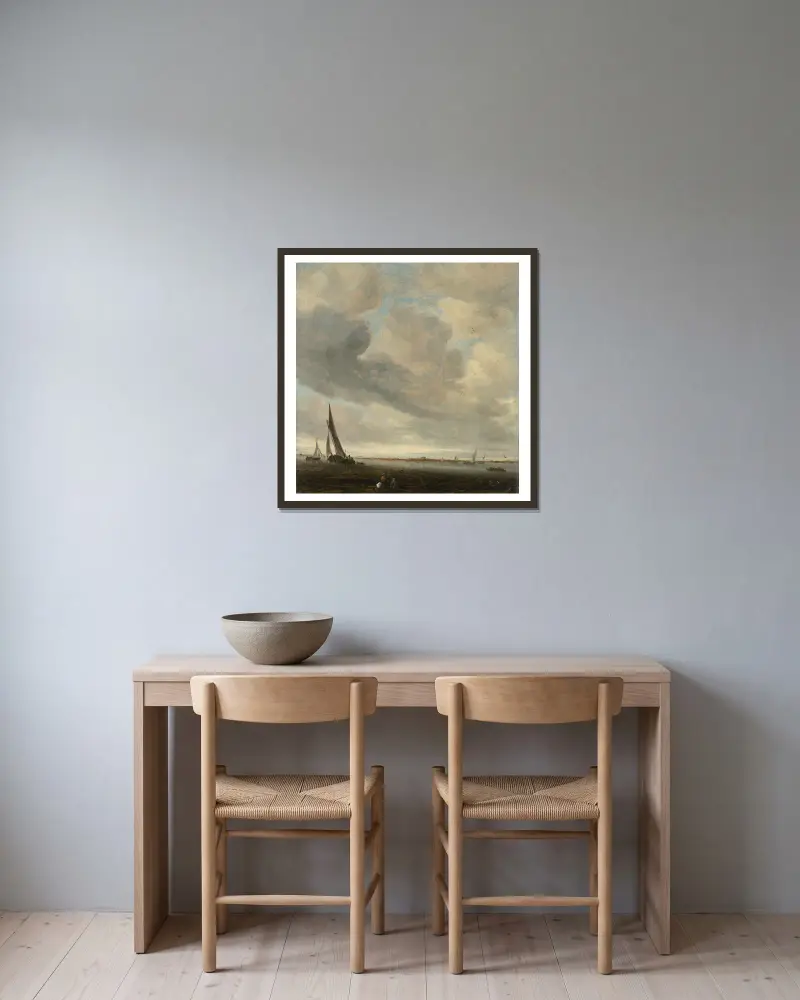 Eine Flussmündung mit Haarlem in der Ferne von Salomon van Ruysdael gerahmt an einer Wand