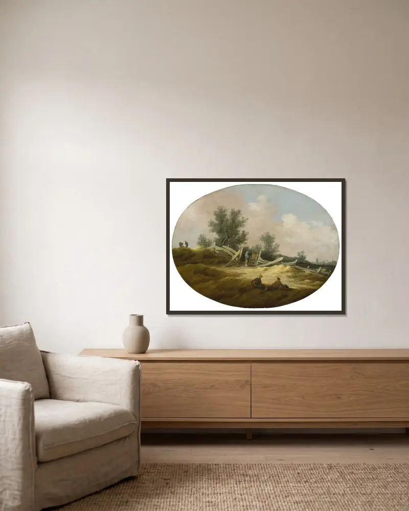 Landskap med trästaket och figurer av Salomon van Ruysdael inramad på en vägg