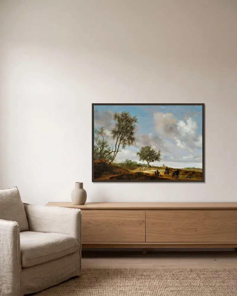 Landscape with hunters av Salomon van Ruysdael inramad på en vägg