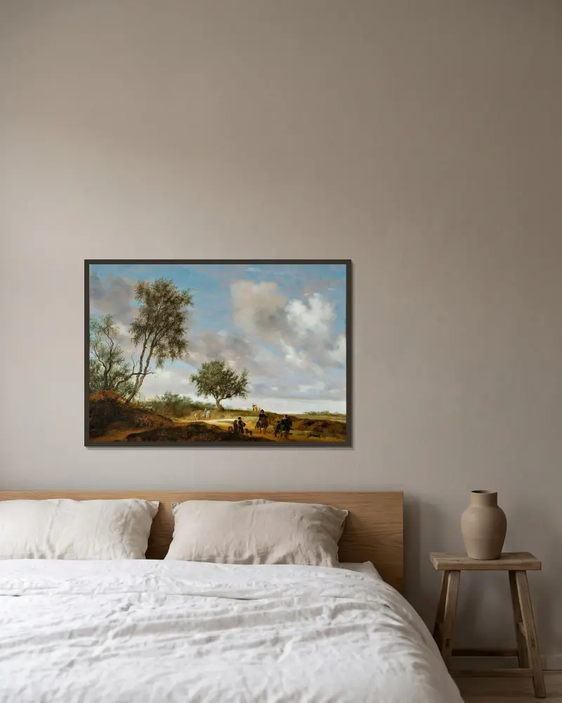 Landscape with hunters av Salomon van Ruysdael inramad på en vägg