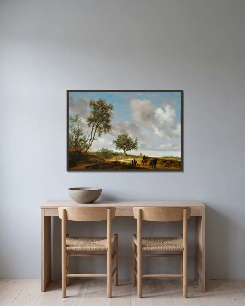 Landscape with hunters av Salomon van Ruysdael inramad på en vägg