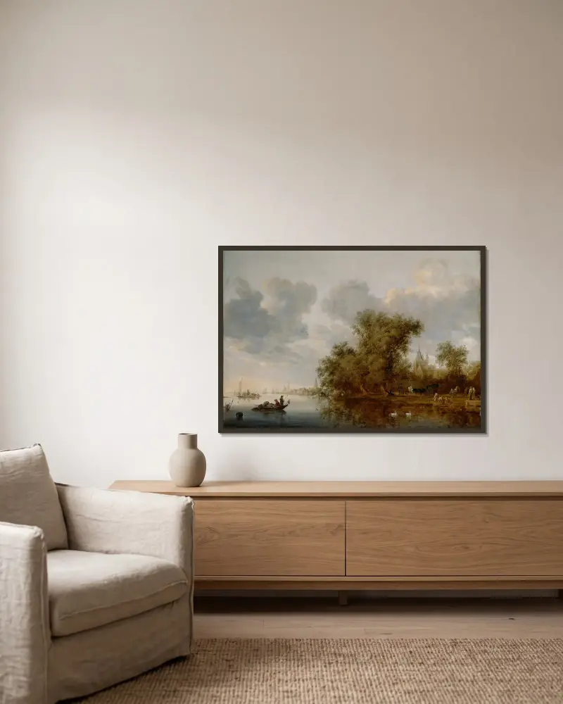 Flusslandschaft von Salomon van Ruysdael gerahmt an einer Wand
