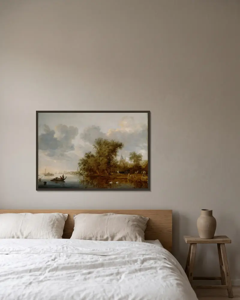 Flusslandschaft von Salomon van Ruysdael gerahmt an einer Wand