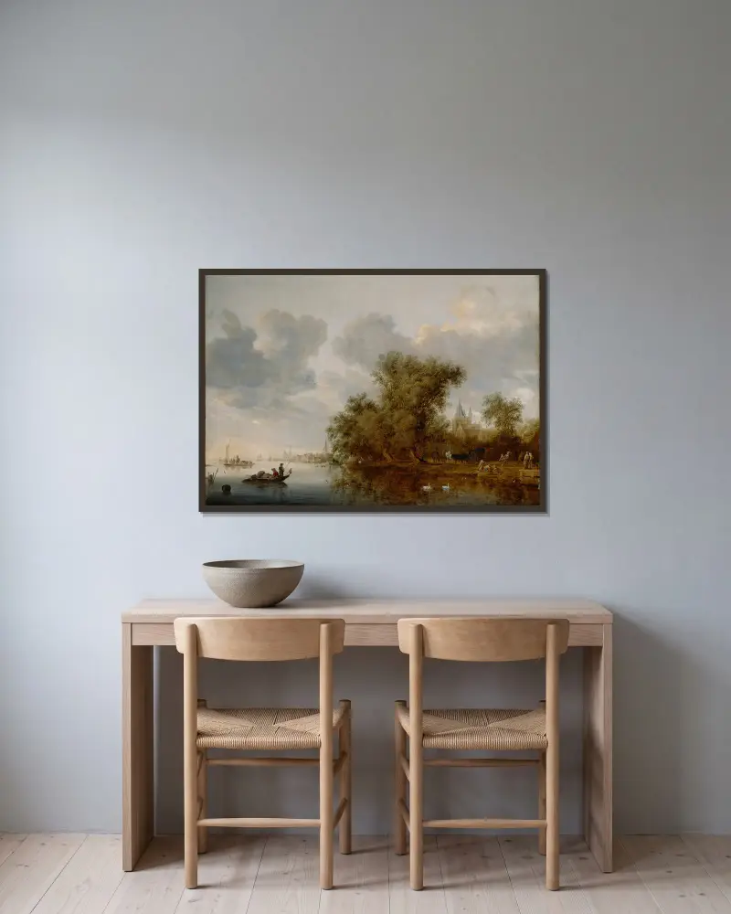 Flusslandschaft von Salomon van Ruysdael gerahmt an einer Wand