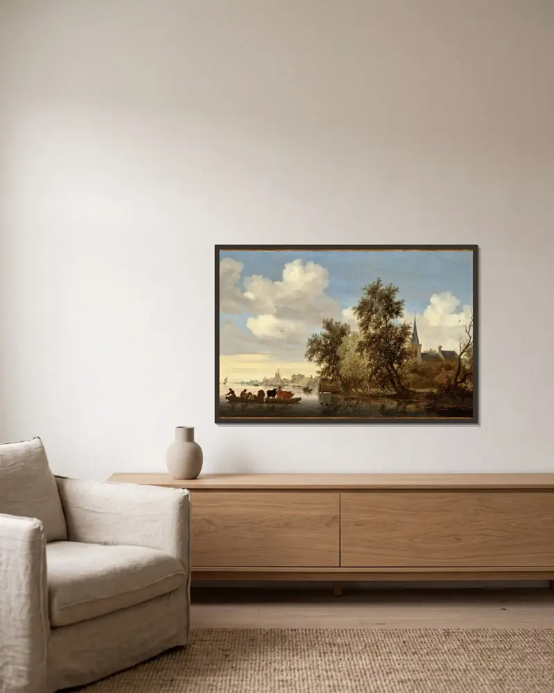 River Landscape with a Ferry av Salomon van Ruysdael inramad på en vägg