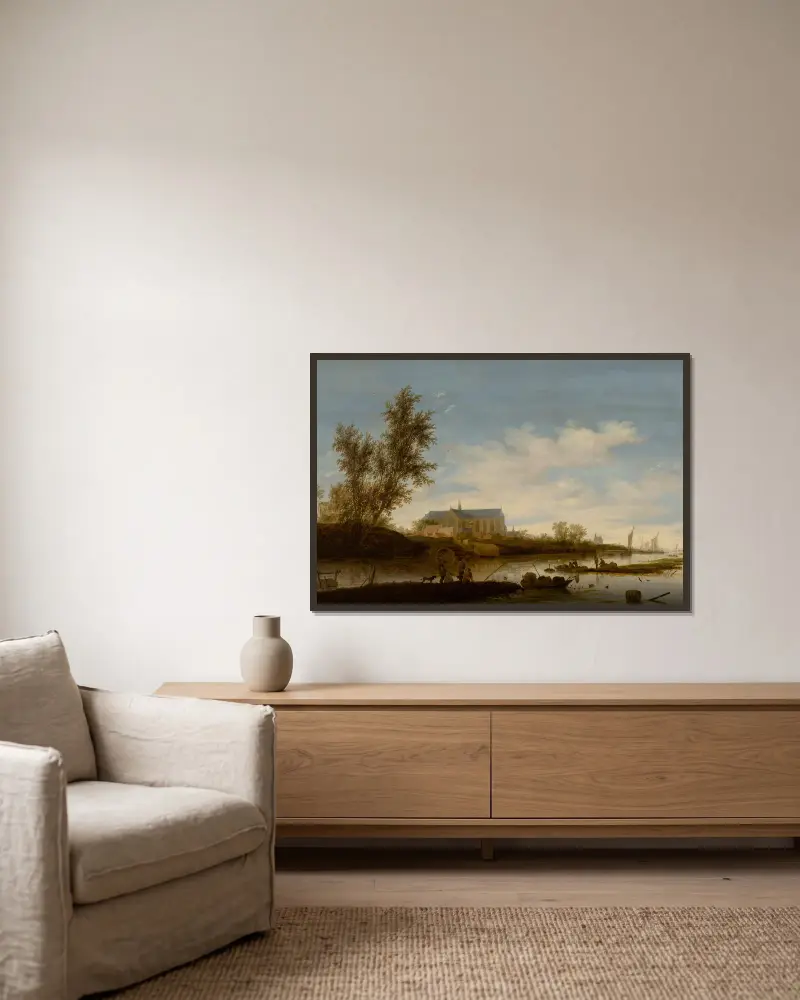 Flodlandskap med fiskare i förgrunden, Laurenskerk i Alkmaar bortom av Salomon van Ruysdael inramad på en vägg