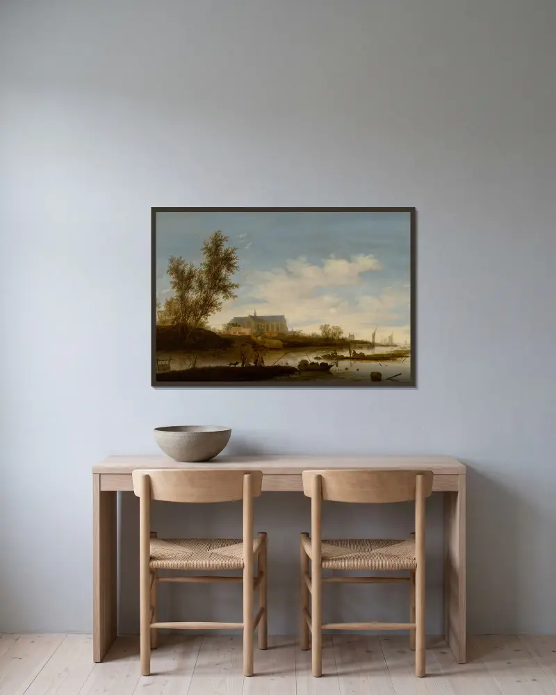 Flodlandskap med fiskare i förgrunden, Laurenskerk i Alkmaar bortom av Salomon van Ruysdael inramad på en vägg