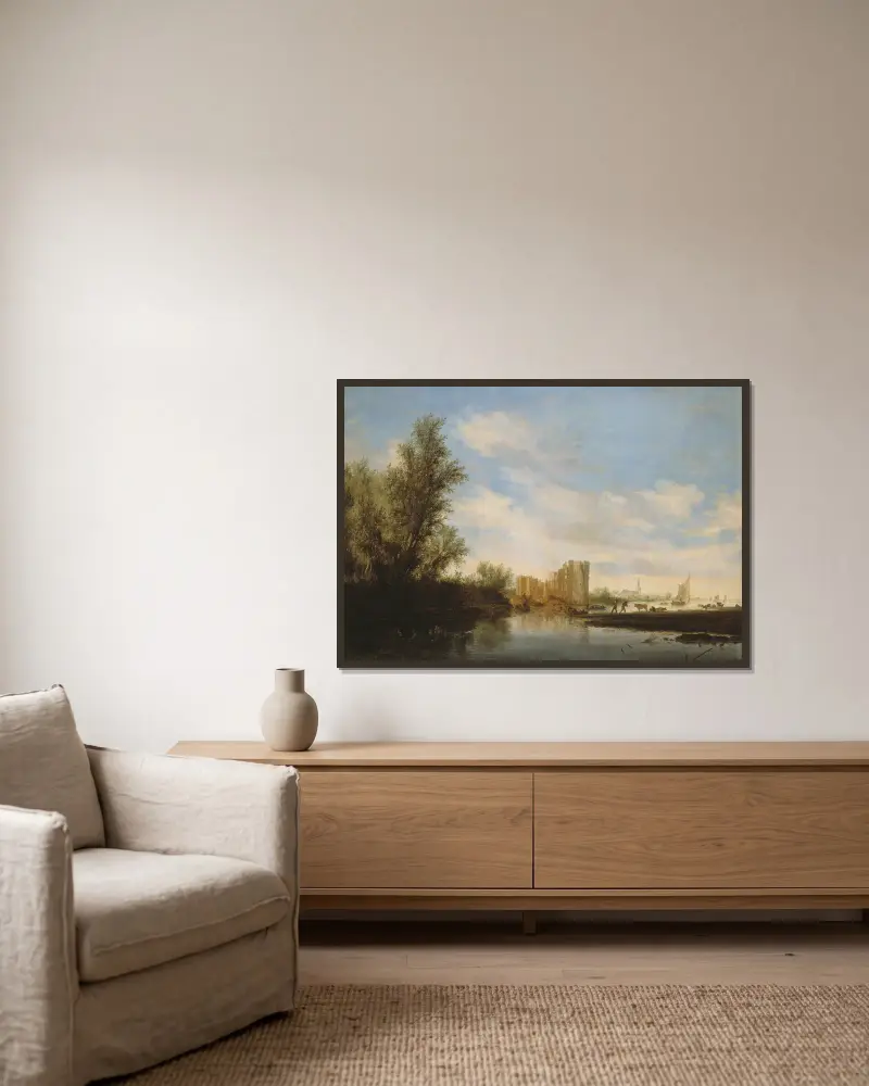 Riviergezicht met ruïne av Salomon van Ruysdael inramad på en vägg