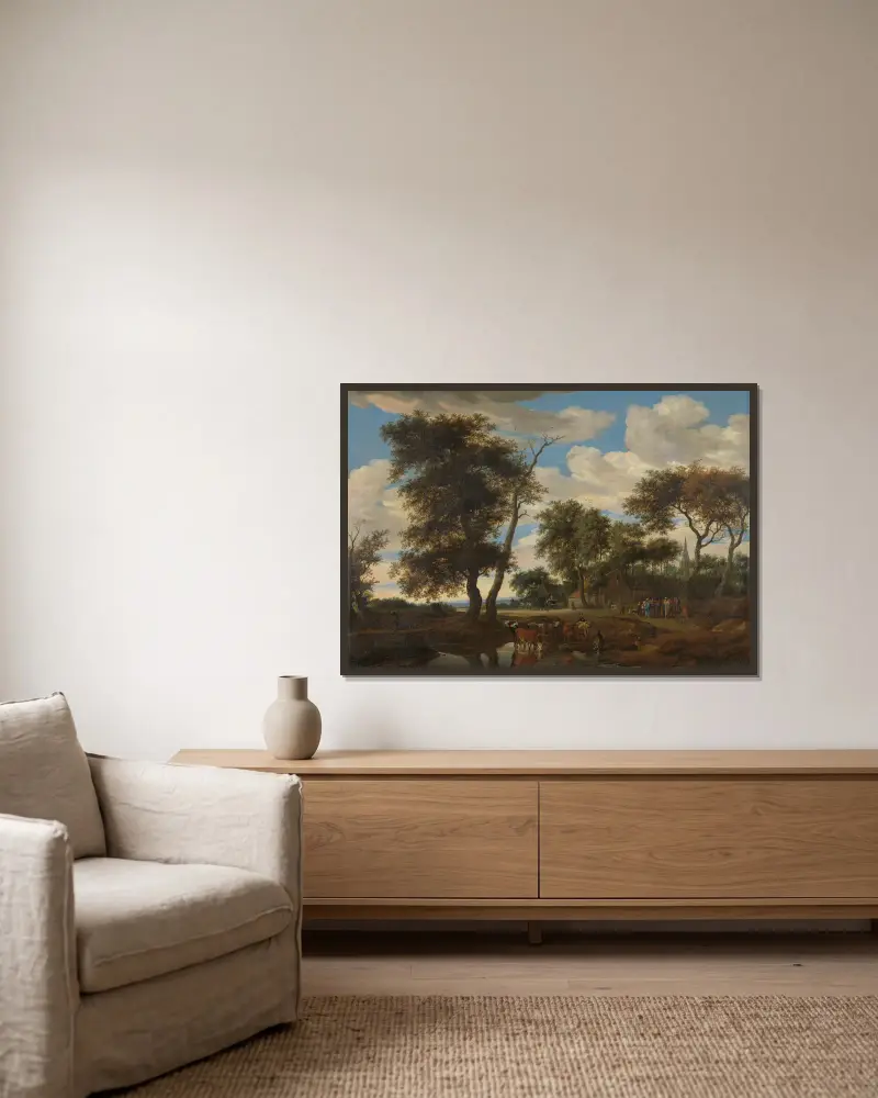Vy över en by av Salomon van Ruysdael inramad på en vägg
