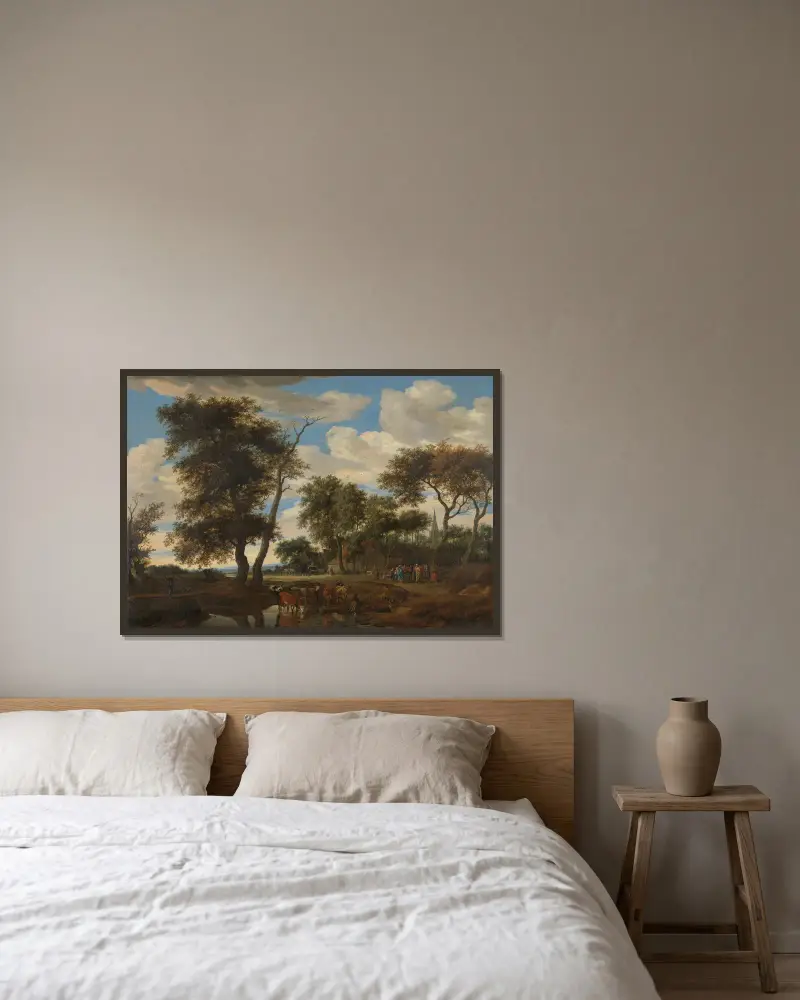 Vy över en by av Salomon van Ruysdael inramad på en vägg