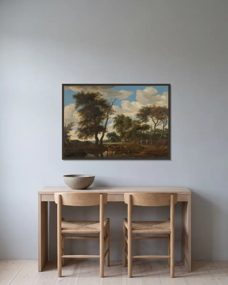 Vy över en by av Salomon van Ruysdael inramad på en vägg