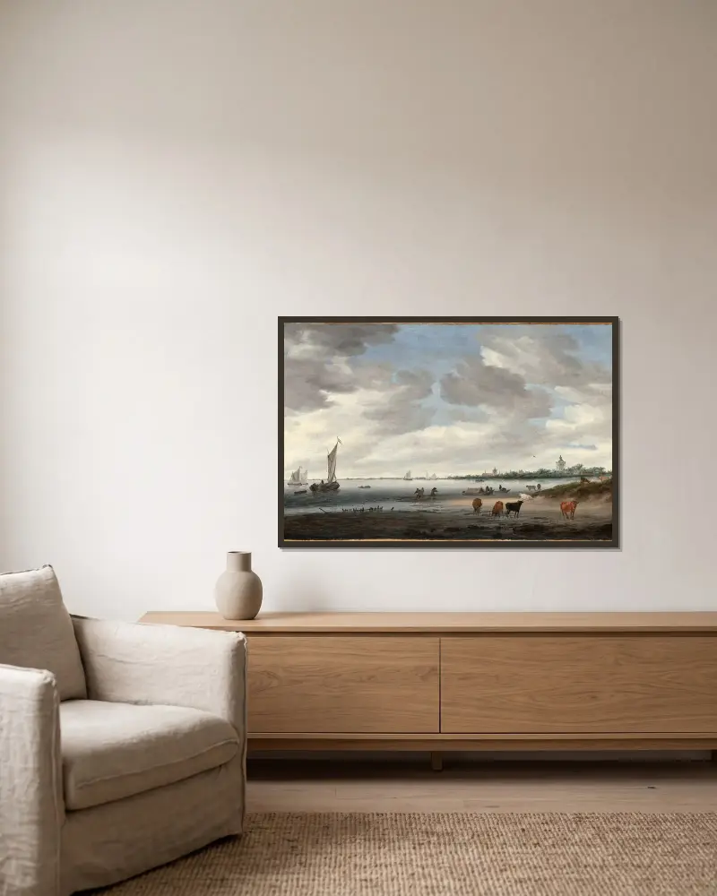Blick auf die Lek und die Stadt Vianen von Salomon van Ruysdael gerahmt an einer Wand