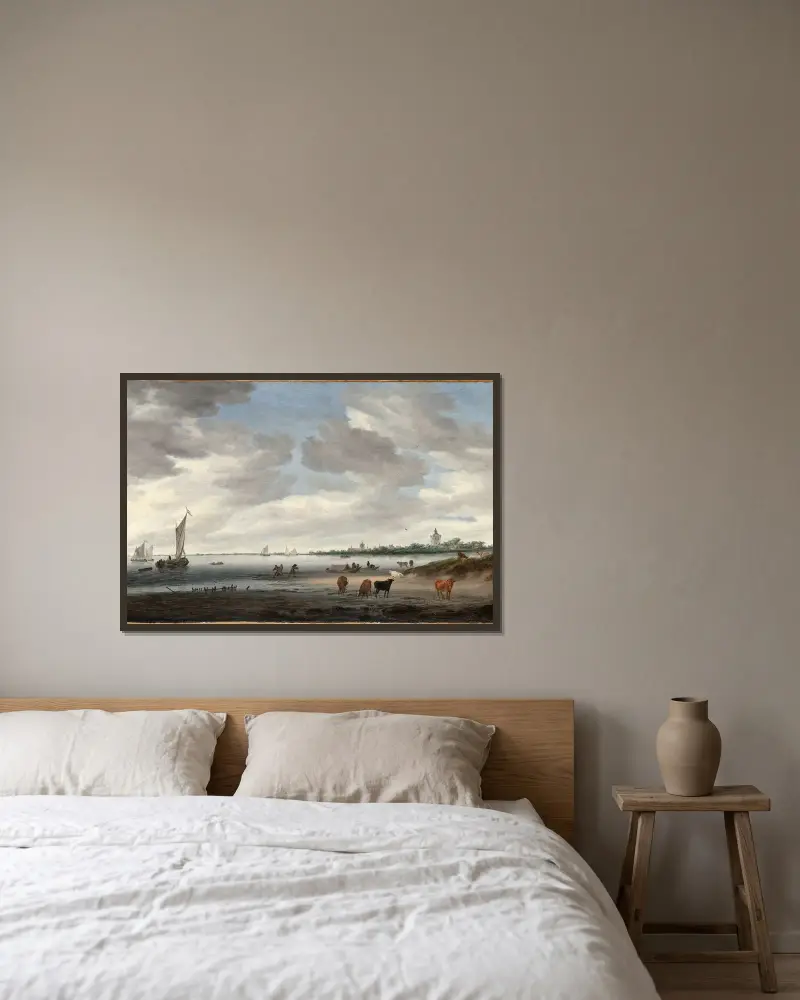 Blick auf die Lek und die Stadt Vianen von Salomon van Ruysdael gerahmt an einer Wand