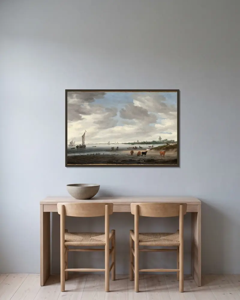 Blick auf die Lek und die Stadt Vianen von Salomon van Ruysdael gerahmt an einer Wand
