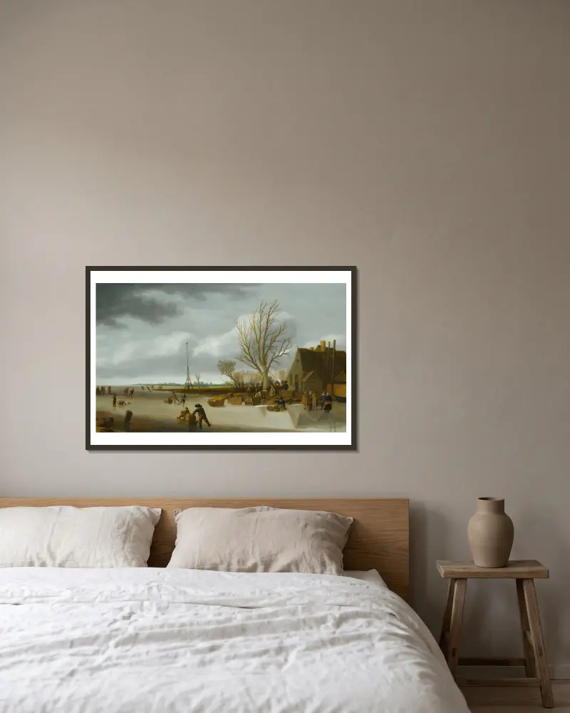 Vinterlandskap med pojke på skridskor som skjuter en släde av Salomon van Ruysdael inramad på en vägg