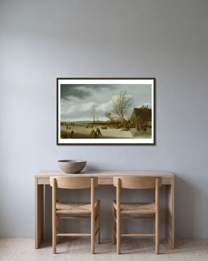 Vinterlandskap med pojke på skridskor som skjuter en släde av Salomon van Ruysdael inramad på en vägg