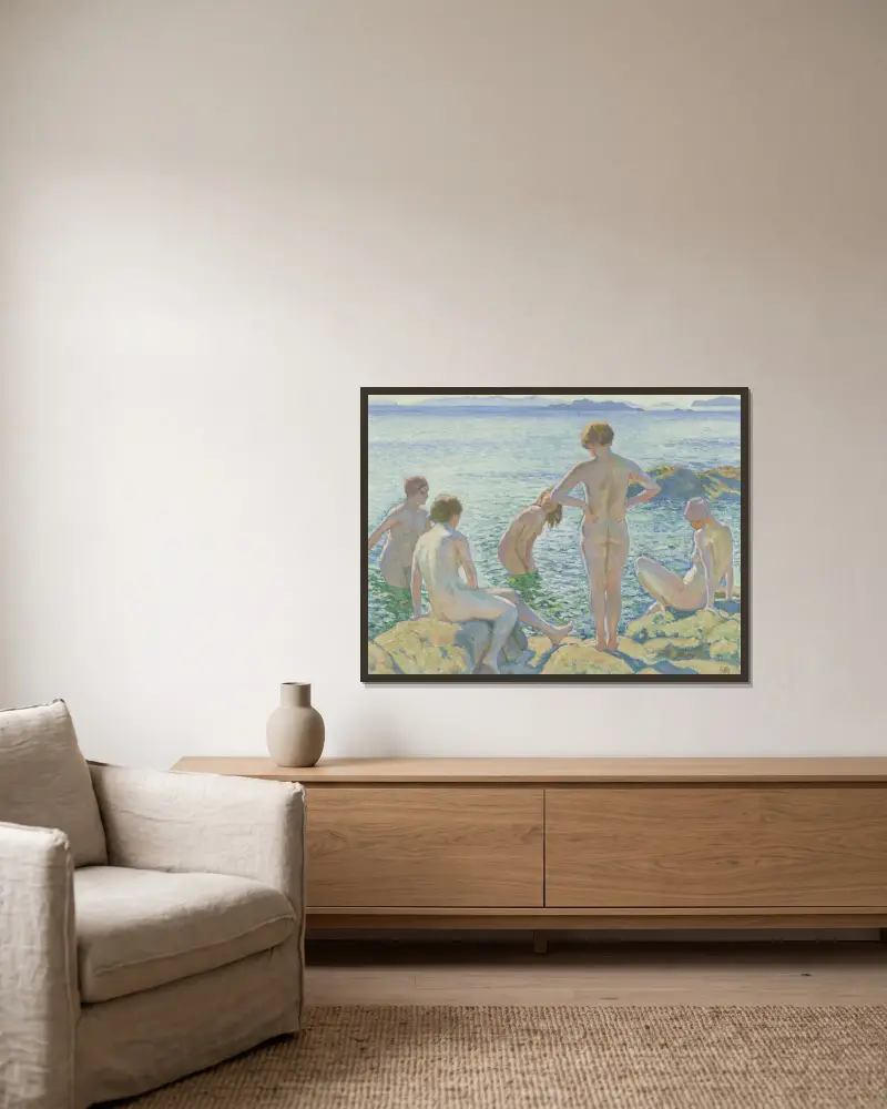 Baadsters av Theo van Rysselberghe inramad på en vägg