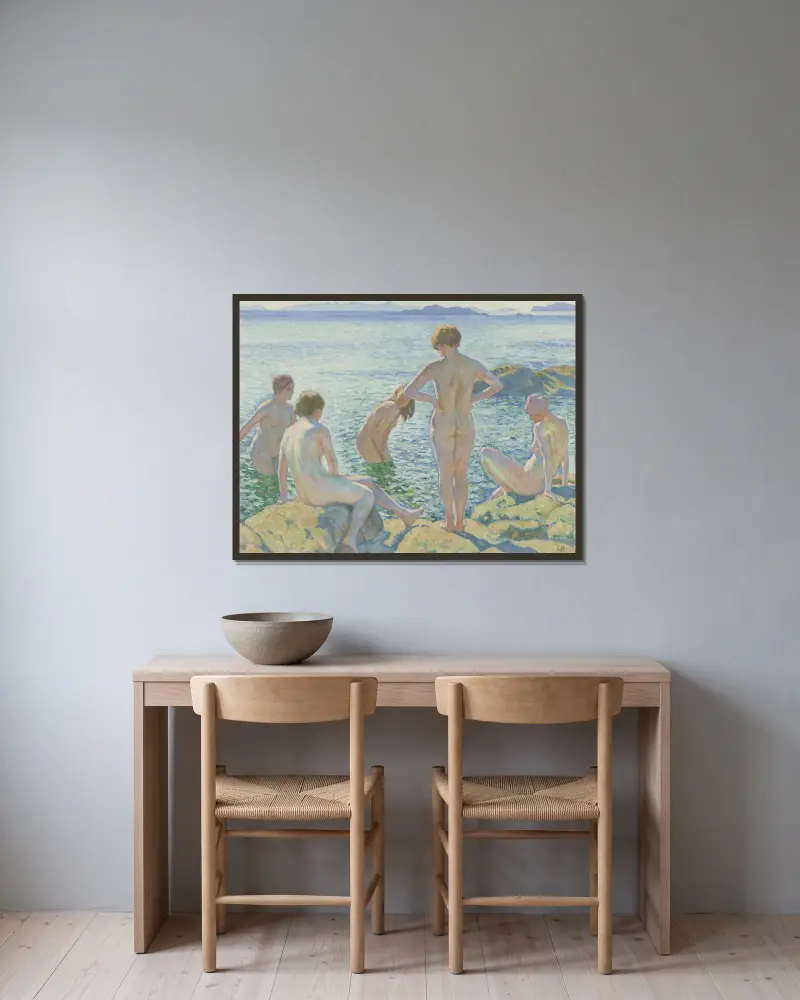 Baadsters av Theo van Rysselberghe inramad på en vägg