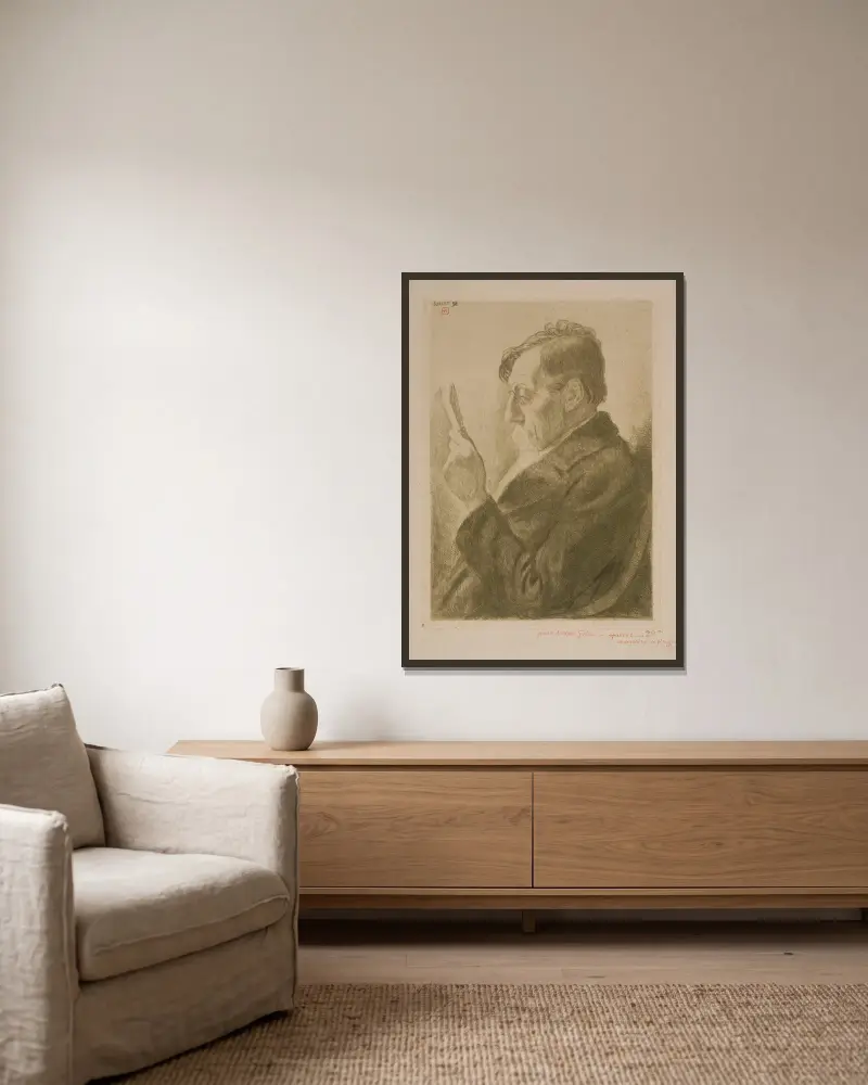 Porträtt av författaren Emile Verhaeren, läsande av Theo van Rysselberghe inramad på en vägg