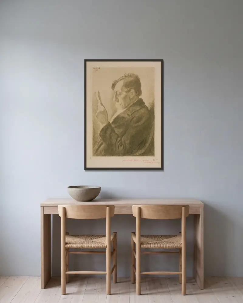 Porträtt av författaren Emile Verhaeren, läsande av Theo van Rysselberghe inramad på en vägg