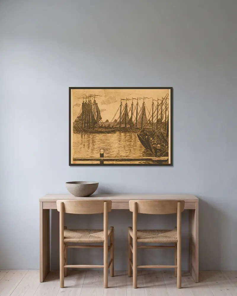 Volendam (Nederländerna), båtar på redden av Theo van Rysselberghe inramad på en vägg