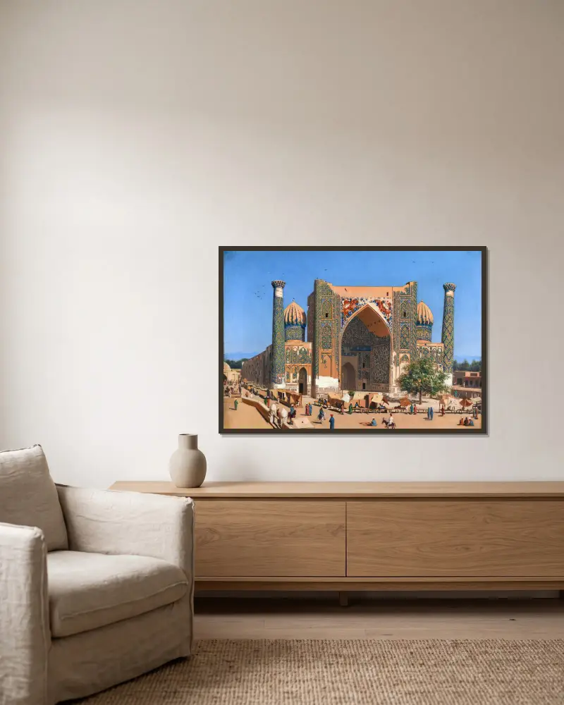 Medresan Shir-Dor vid Registan i Samarkand av Vasily Vereshchagin inramad på en vägg