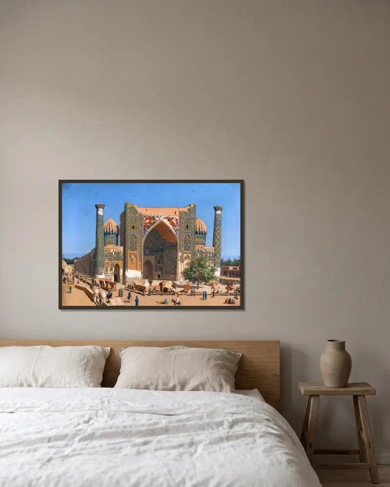 Medresan Shir-Dor vid Registan i Samarkand av Vasily Vereshchagin inramad på en vägg