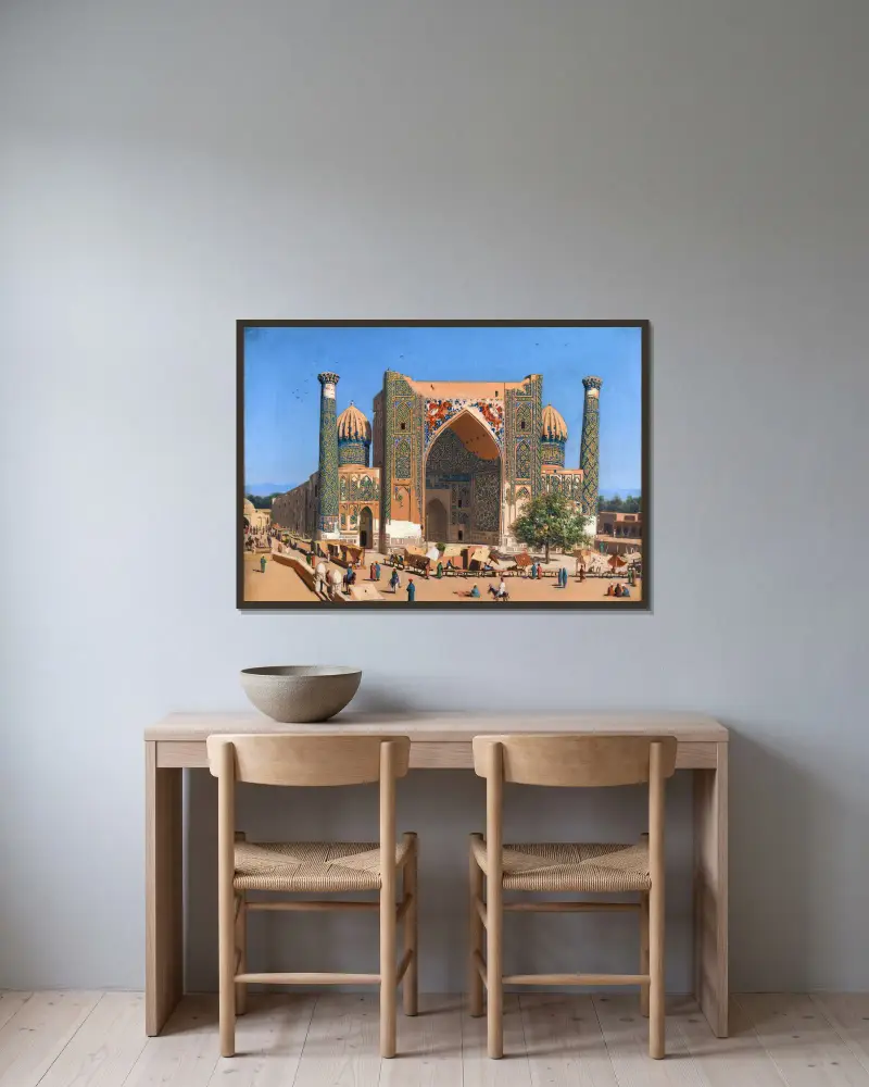 Medresan Shir-Dor vid Registan i Samarkand av Vasily Vereshchagin inramad på en vägg
