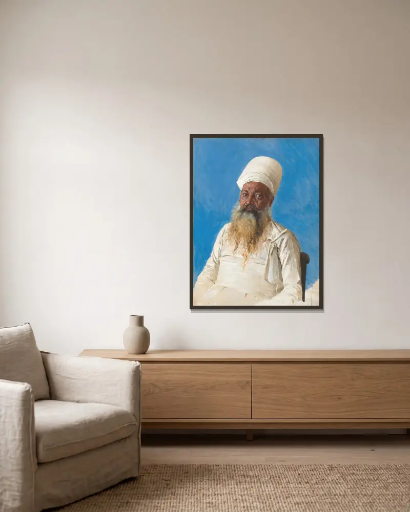 Parsi priest (fire worshiper). Bombay av Vasily Vereshchagin inramad på en vägg