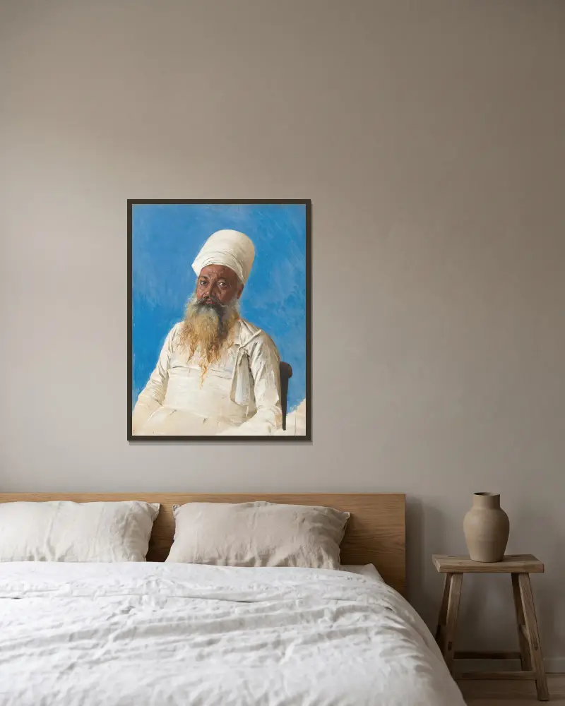 Parsi priest (fire worshiper). Bombay av Vasily Vereshchagin inramad på en vägg