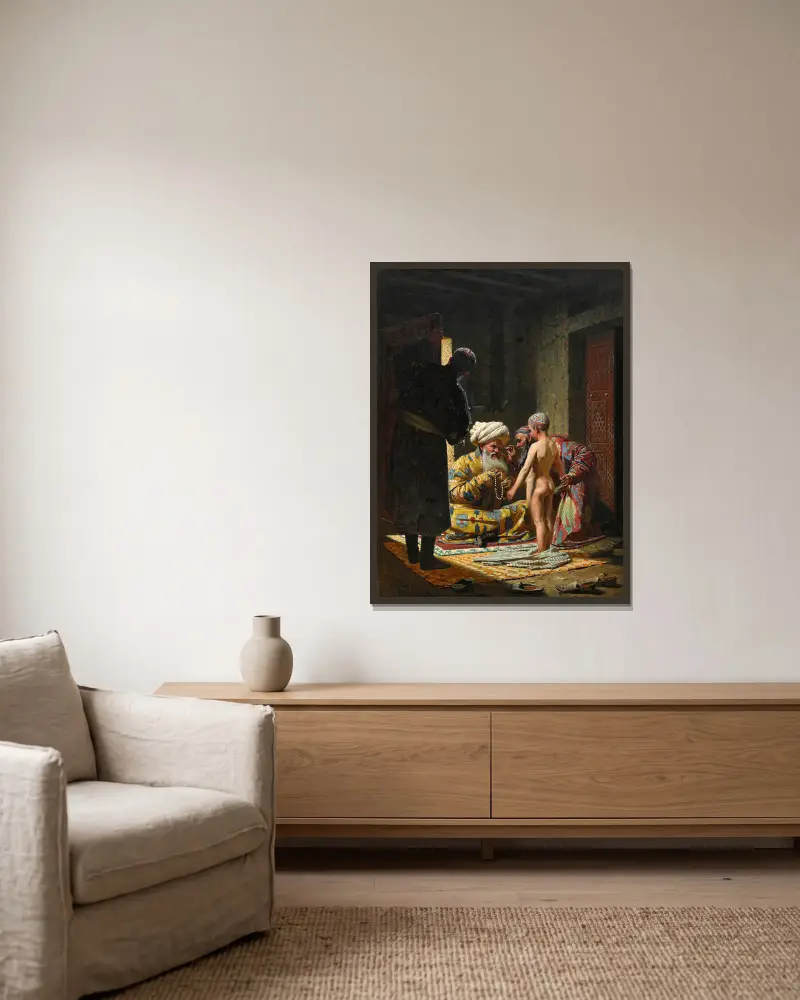 Försäljningen av barnslaven av Vasily Vereshchagin inramad på en vägg