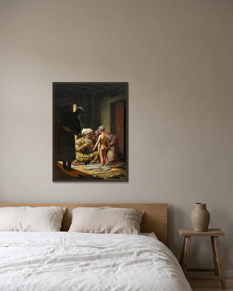 Försäljningen av barnslaven av Vasily Vereshchagin inramad på en vägg