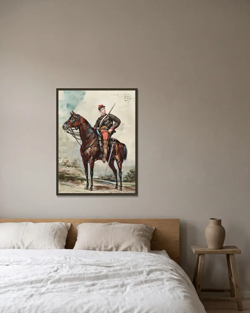 Reiterporträt, berittener Späher von Georges Jules Victor Clairin gerahmt an einer Wand