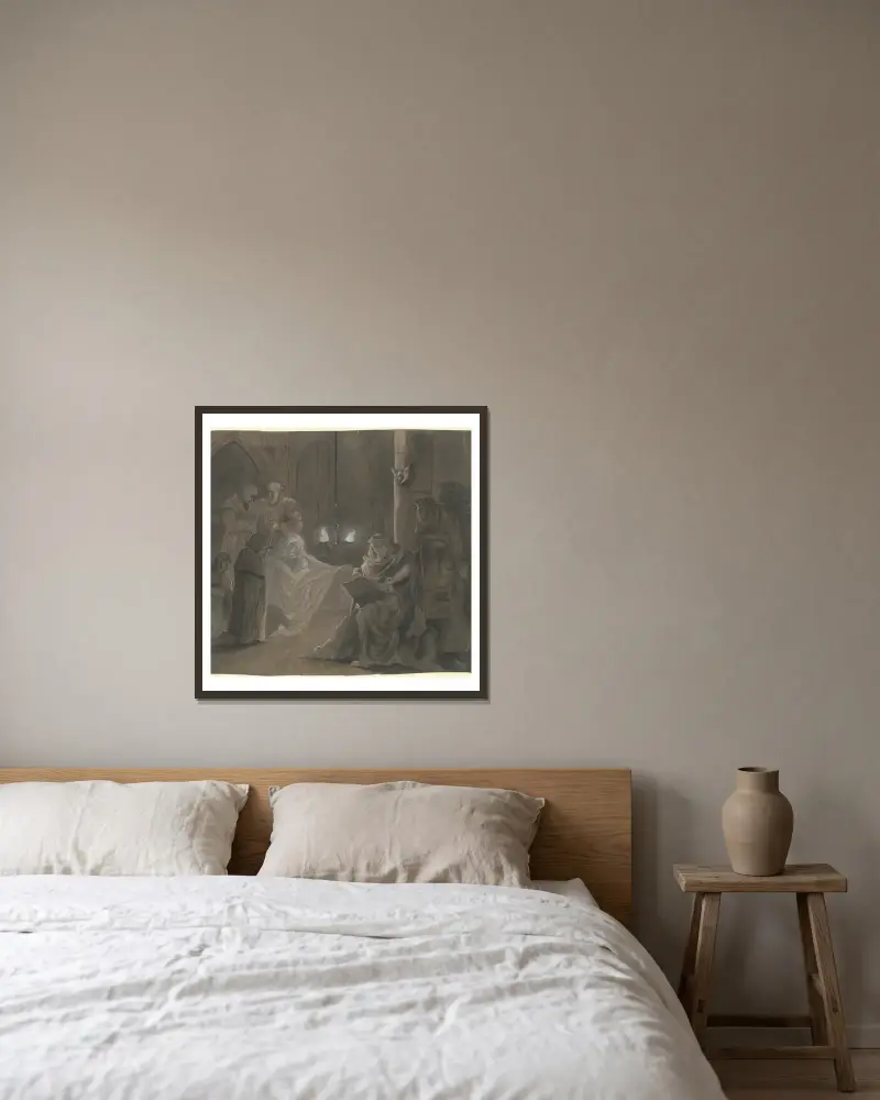 Bärtiger Maler am Totenlager, im Feuerschein einer Lampe einen Sterbenden porträtierend von Victor Müller gerahmt an einer Wand