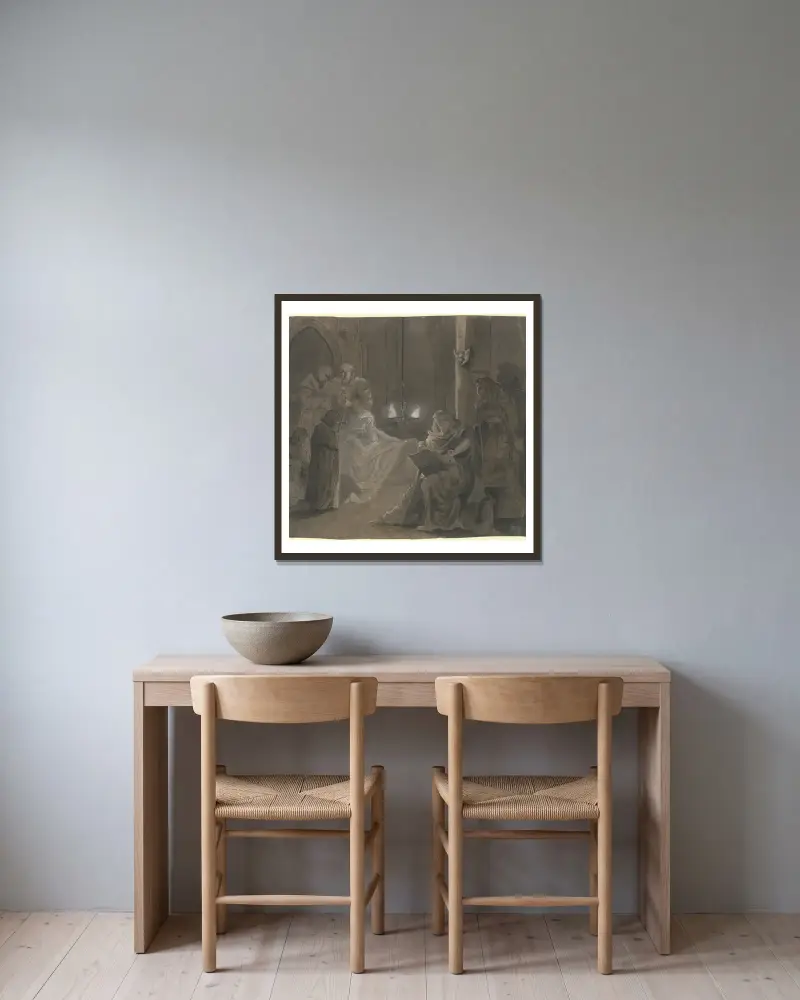 Bärtiger Maler am Totenlager, im Feuerschein einer Lampe einen Sterbenden porträtierend von Victor Müller gerahmt an einer Wand