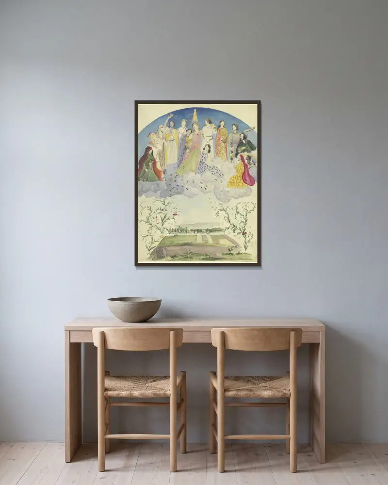Flora som strör och häller blommor över ett landskap, omgiven av dionysiska, bibliska och historiska gestalter av Victor Müller inramad på en vägg