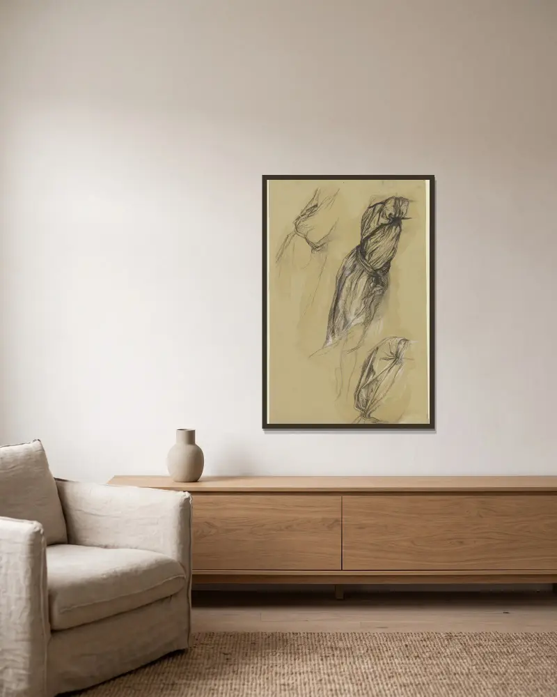 Drei Gewandstudien einer nach rechts gewandten Frauenfigur von Victor Müller gerahmt an einer Wand
