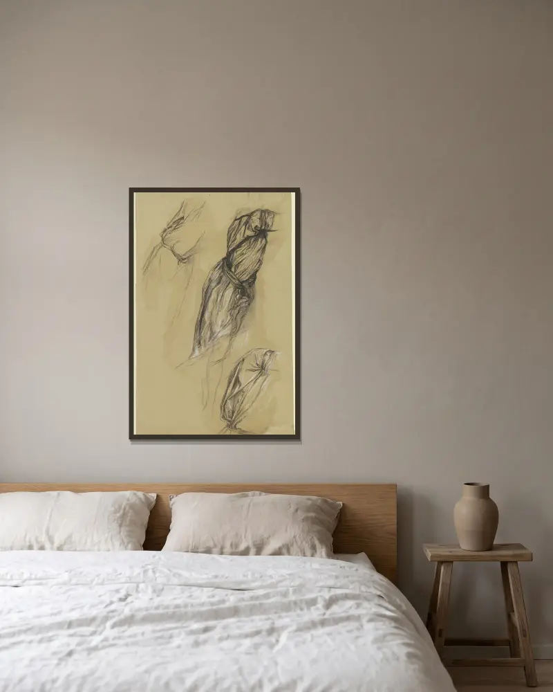 Drei Gewandstudien einer nach rechts gewandten Frauenfigur von Victor Müller gerahmt an einer Wand