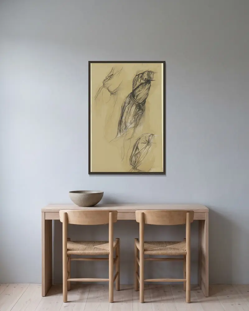 Drei Gewandstudien einer nach rechts gewandten Frauenfigur von Victor Müller gerahmt an einer Wand