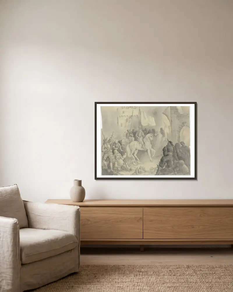 Ein bärtiger Herrscher mit Gefolge reitet nächtens auf eine ruinöse Burg zu von Victor Müller gerahmt an einer Wand