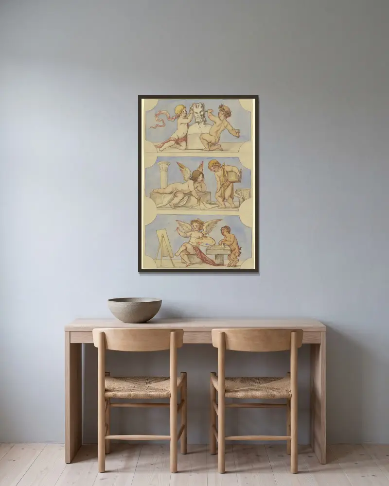 Von Putten verkörperte Allegorien der Bildhauerei, der Architektur und der Malerei von Victor Müller gerahmt an einer Wand