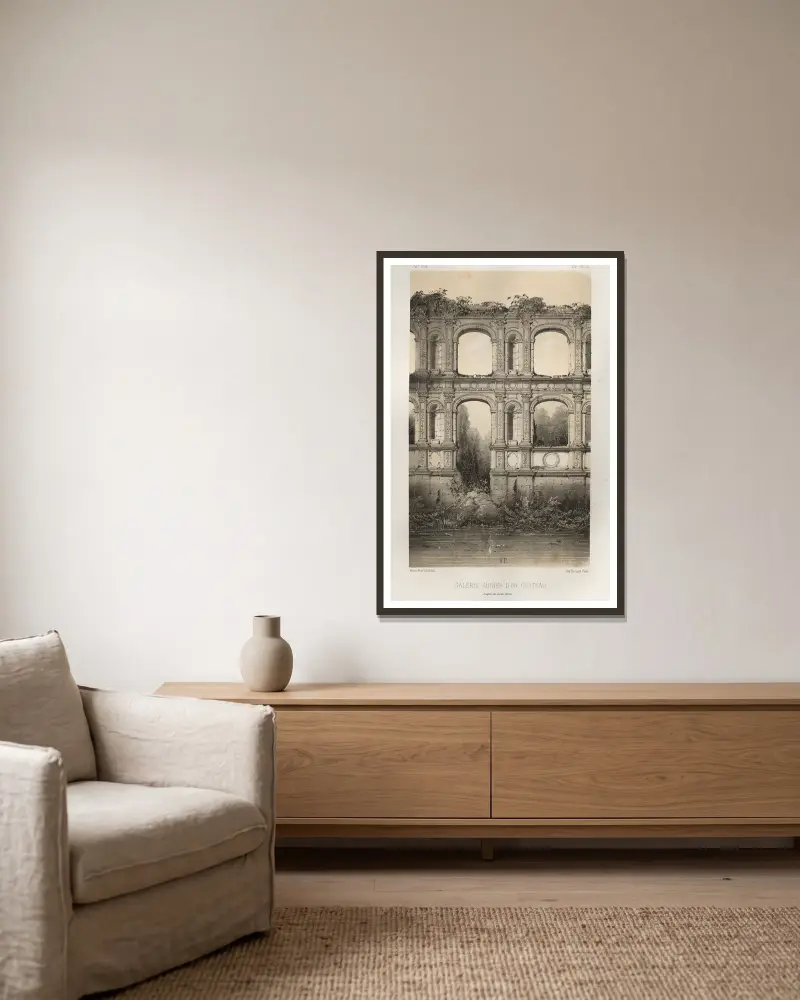 Ruinierte Galerie eines Schlosses, nach einer alten Zeichnung von Victor Petit gerahmt an einer Wand