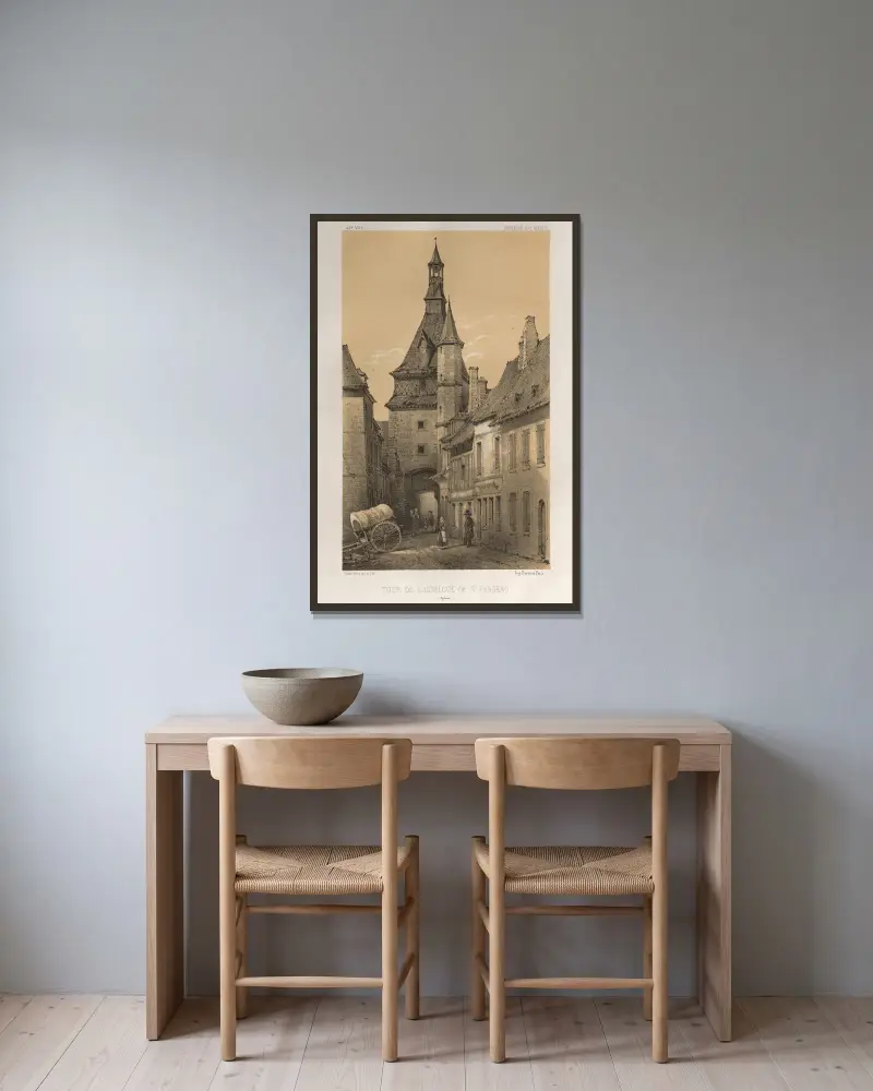 Uhrturm von Saint-Fargeau (Yonne) von Victor Petit gerahmt an einer Wand