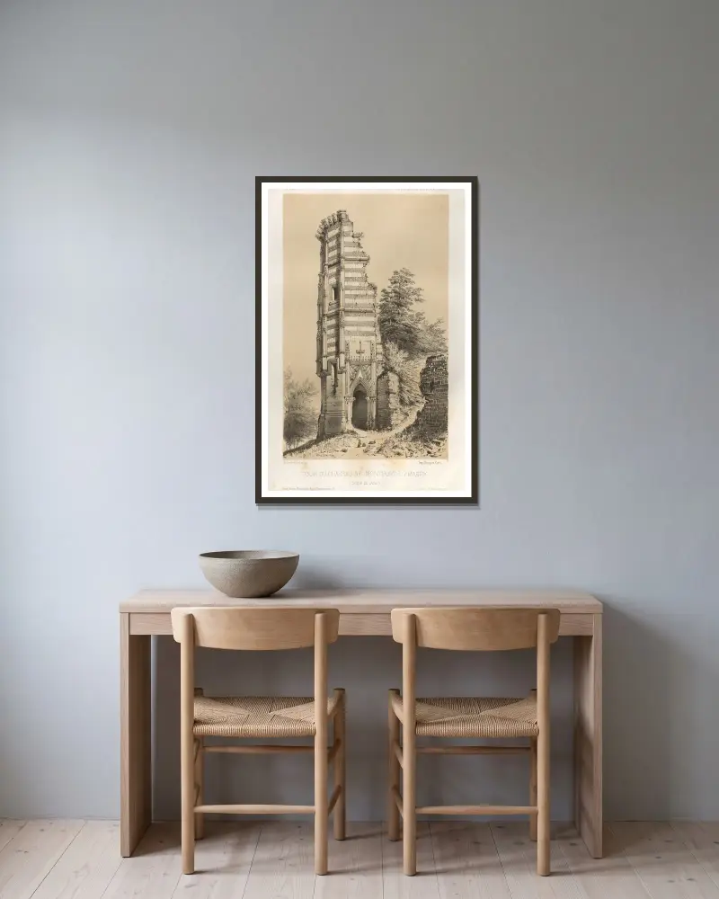 Der Turm des Schlosses von Montfort-l'Amaury (Seine-et-Oise) von Victor Petit gerahmt an einer Wand