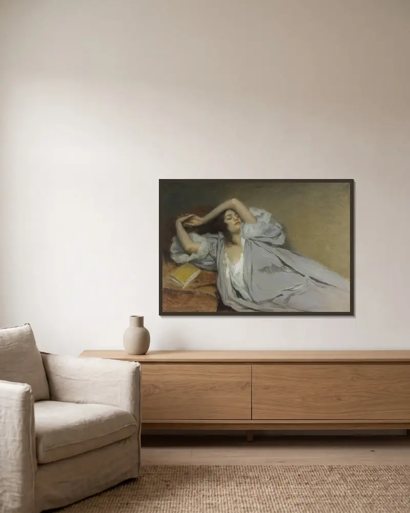 Liegende Frau auf einem Diwan von Victor Prouvé gerahmt an einer Wand