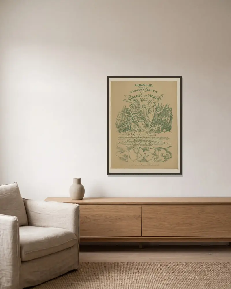 Ehre denen, die ihr Leben für die Freiheit der Welt geben, 1918. Die Geografie des Krieges von Victor Prouvé gerahmt an einer Wand