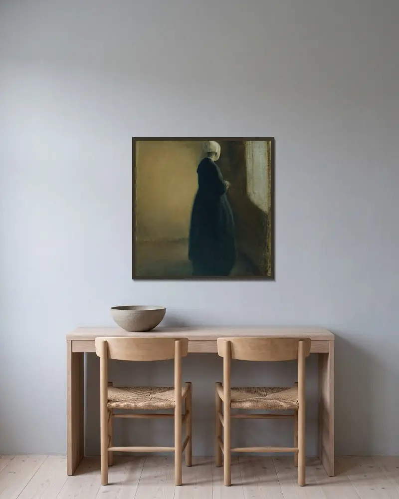 Gammal kvinna stående vid ett fönster av Vilhelm Hammershøi inramad på en vägg