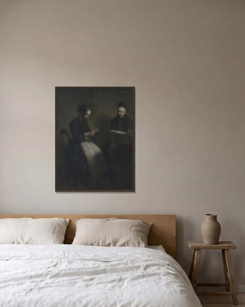 Afton i salongen. Konstnärens mor och hustru av Vilhelm Hammershøi inramad på en vägg