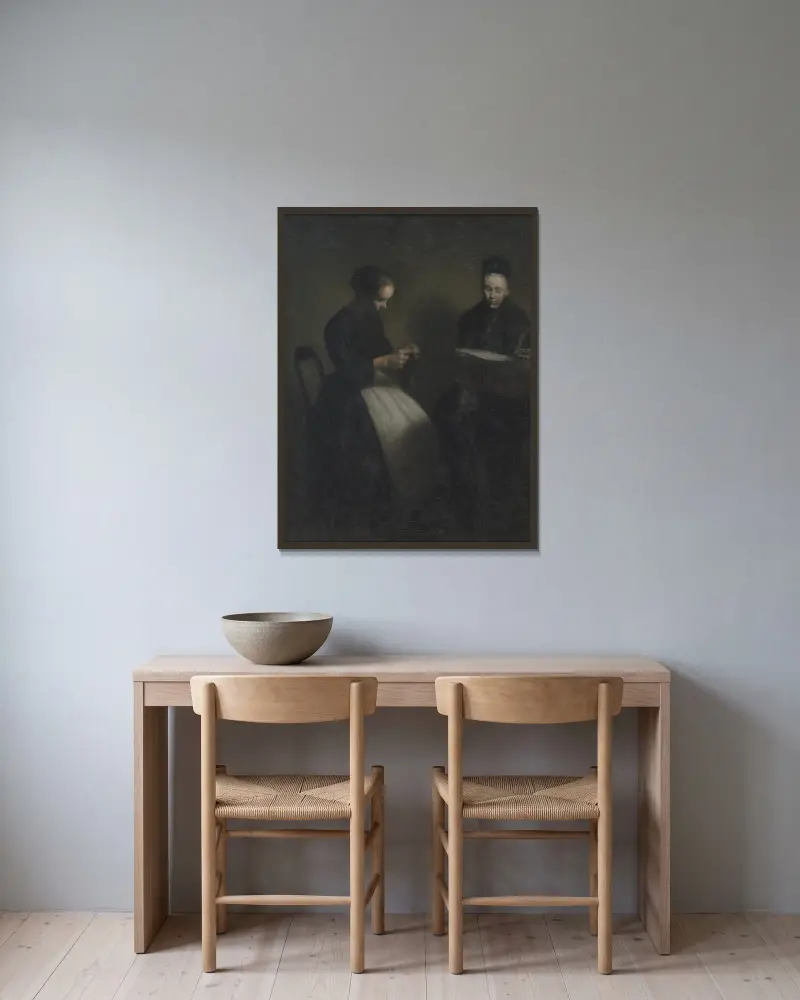Afton i salongen. Konstnärens mor och hustru av Vilhelm Hammershøi inramad på en vägg